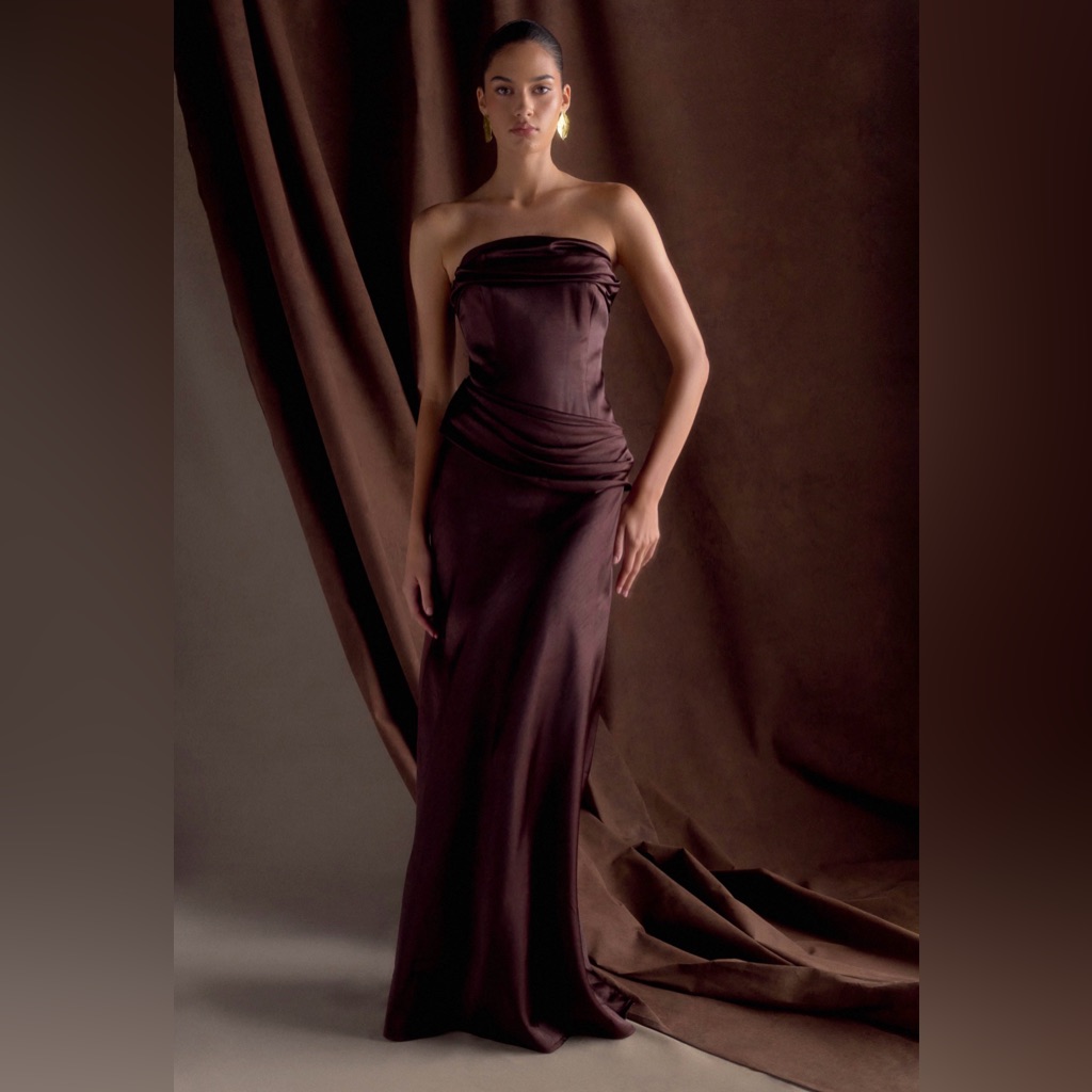 Meshki Jasmine Strapless Satin Maxi Dress - Chocolate Brown